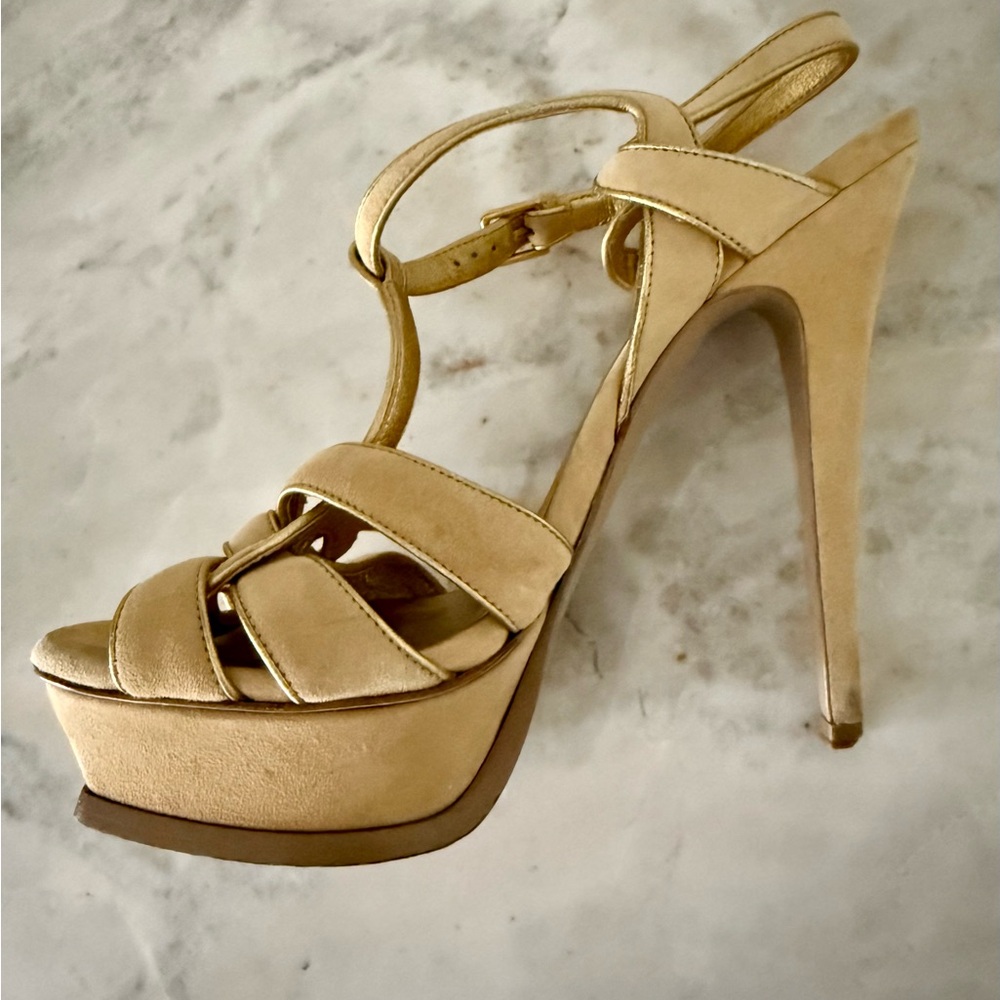 Yves Saint Laurent YSL Tribute Beige Tan Suede Gold Trim Platform Heels 37.5 - Picture 14 of 16